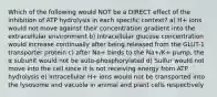 Which of the following would NOT be a DIRECT effect of the inhibition of ATP hydrolysis in each specific context? a) H+ ions would not move against their concentration gradient into the extracellular environment b) Intracellular glucose concentration would increase continually after being released from the GLUT-1 transporter protein c) after Na+ binds to the Na+/K+ pump, the ⍺ subunit would not be auto-phosphorylated d) Sulfur would not move into the cell since it is not receiving energy from ATP hydrolysis e) Intracellular H+ ions would not be transported into the lysosome and vacuole in animal and plant cells respectively