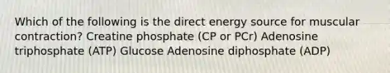 Which of the following is the direct energy source for muscular contraction? Creatine phosphate (CP or PCr) Adenosine triphosphate (ATP) Glucose Adenosine diphosphate (ADP)