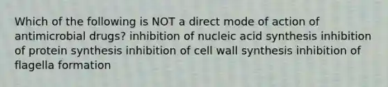 Which of the following is NOT a direct mode of action of antimicrobial drugs? inhibition of nucleic acid synthesis inhibition of protein synthesis inhibition of cell wall synthesis inhibition of flagella formation