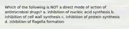 Which of the following is NOT a direct mode of action of antimicrobial drugs? a. inhibition of nucleic acid synthesis b. inhibition of cell wall synthesis c. inhibition of protein synthesis d. inhibition of flagella formation