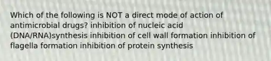 Which of the following is NOT a direct mode of action of antimicrobial drugs? inhibition of nucleic acid (DNA/RNA)synthesis inhibition of cell wall formation inhibition of flagella formation inhibition of protein synthesis