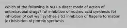 Which of the following is NOT a direct mode of action of antimicrobial drugs? (a) inhibition of nucleic acid synthesis (b) inhibition of cell wall synthesis (c) inhibition of flagella formation (d) inhibition of protein synthesis