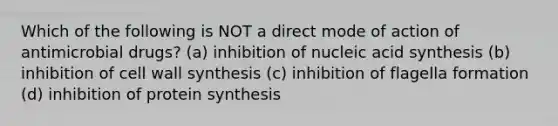 Which of the following is NOT a direct mode of action of antimicrobial drugs? (a) inhibition of nucleic acid synthesis (b) inhibition of cell wall synthesis (c) inhibition of flagella formation (d) inhibition of protein synthesis