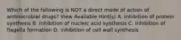 Which of the following is NOT a direct mode of action of antimicrobial drugs? View Available Hint(s) A. inhibition of protein synthesis B. inhibition of nucleic acid synthesis C. inhibition of flagella formation D. inhibition of cell wall synthesis