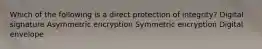 Which of the following is a direct protection of integrity? Digital signature Asymmetric encryption Symmetric encryption Digital envelope