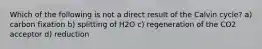 Which of the following is not a direct result of the Calvin cycle? a) carbon fixation b) splitting of H2O c) regeneration of the CO2 acceptor d) reduction