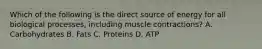 Which of the following is the direct source of energy for all biological processes, including muscle contractions? A. Carbohydrates B. Fats C. Proteins D. ATP