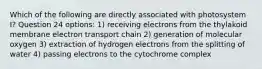 Which of the following are directly associated with photosystem I? Question 24 options: 1) receiving electrons from the thylakoid membrane electron transport chain 2) generation of molecular oxygen 3) extraction of hydrogen electrons from the splitting of water 4) passing electrons to the cytochrome complex