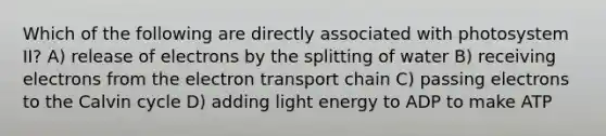 Which of the following are directly associated with photosystem II? A) release of electrons by the splitting of water B) receiving electrons from the electron transport chain C) passing electrons to the Calvin cycle D) adding light energy to ADP to make ATP