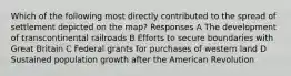 Which of the following most directly contributed to the spread of settlement depicted on the map? Responses A The development of transcontinental railroads B Efforts to secure boundaries with Great Britain C Federal grants for purchases of western land D Sustained population growth after the American Revolution