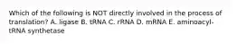 Which of the following is NOT directly involved in the process of translation? A. ligase B. tRNA C. rRNA D. mRNA E. aminoacyl-tRNA synthetase