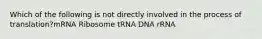 Which of the following is not directly involved in the process of translation?mRNA Ribosome tRNA DNA rRNA