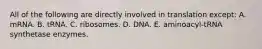 All of the following are directly involved in translation except: A. mRNA. B. tRNA. C. ribosomes. D. DNA. E. aminoacyl-tRNA synthetase enzymes.