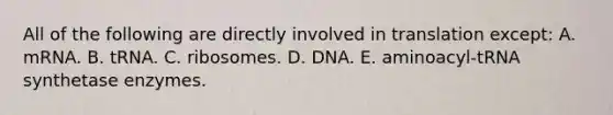 All of the following are directly involved in translation except: A. mRNA. B. tRNA. C. ribosomes. D. DNA. E. aminoacyl-tRNA synthetase enzymes.