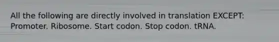 All the following are directly involved in translation EXCEPT: Promoter. Ribosome. Start codon. Stop codon. tRNA.