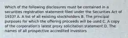 Which of the following disclosures must be contained in a securities registration statement filed under the Securities Act of 1933? A. A list of all existing stockholders B. The principal purposes for which the offering proceeds will be used C. A copy of the corporation's latest proxy solicitation statement D. The names of all prospective accredited investors