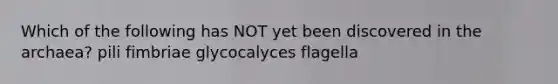 Which of the following has NOT yet been discovered in the archaea? pili fimbriae glycocalyces flagella