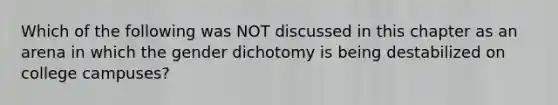 Which of the following was NOT discussed in this chapter as an arena in which the gender dichotomy is being destabilized on college campuses?