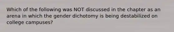 Which of the following was NOT discussed in the chapter as an arena in which the gender dichotomy is being destabilized on college campuses?