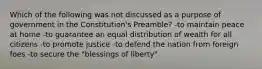 Which of the following was not discussed as a purpose of government in the Constitution's Preamble? -to maintain peace at home -to guarantee an equal distribution of wealth for all citizens -to promote justice -to defend the nation from foreign foes -to secure the "blessings of liberty"