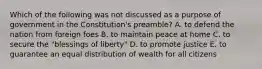 Which of the following was not discussed as a purpose of government in the Constitution's preamble? A. to defend the nation from foreign foes B. to maintain peace at home C. to secure the "blessings of liberty" D. to promote justice E. to guarantee an equal distribution of wealth for all citizens