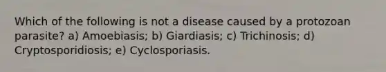 Which of the following is not a disease caused by a protozoan parasite? a) Amoebiasis; b) Giardiasis; c) Trichinosis; d) Cryptosporidiosis; e) Cyclosporiasis.