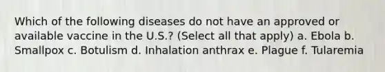 Which of the following diseases do not have an approved or available vaccine in the U.S.? (Select all that apply) a. Ebola b. Smallpox c. Botulism d. Inhalation anthrax e. Plague f. Tularemia