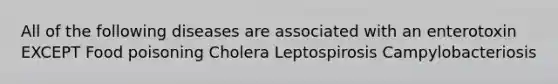 All of the following diseases are associated with an enterotoxin EXCEPT Food poisoning Cholera Leptospirosis Campylobacteriosis