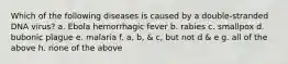 Which of the following diseases is caused by a double-stranded DNA virus? a. Ebola hemorrhagic fever b. rabies c. smallpox d. bubonic plague e. malaria f. a, b, & c, but not d & e g. all of the above h. none of the above