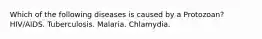 Which of the following diseases is caused by a Protozoan? HIV/AIDS. Tuberculosis. Malaria. Chlamydia.