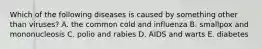 Which of the following diseases is caused by something other than viruses? A. the common cold and influenza B. smallpox and mononucleosis C. polio and rabies D. AIDS and warts E. diabetes