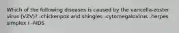 Which of the following diseases is caused by the varicella-zoster virus (VZV)? -chickenpox and shingles -cytomegalovirus -herpes simplex I -AIDS