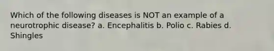 Which of the following diseases is NOT an example of a neurotrophic disease? a. Encephalitis b. Polio c. Rabies d. Shingles