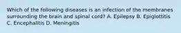 Which of the following diseases is an infection of the membranes surrounding the brain and spinal​ cord? A. Epilepsy B. Epiglottitis C. Encephalitis D. Meningitis