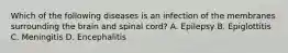 Which of the following diseases is an infection of the membranes surrounding the brain and spinal​ cord? A. Epilepsy B. Epiglottitis C. Meningitis D. Encephalitis