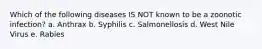 Which of the following diseases IS NOT known to be a zoonotic infection? a. Anthrax b. Syphilis c. Salmonellosis d. West Nile Virus e. Rabies