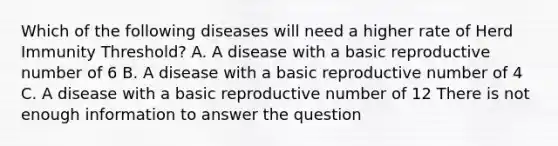 Which of the following diseases will need a higher rate of Herd Immunity Threshold? A. A disease with a basic reproductive number of 6 B. A disease with a basic reproductive number of 4 C. A disease with a basic reproductive number of 12 There is not enough information to answer the question