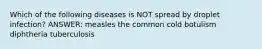 Which of the following diseases is NOT spread by droplet infection? ANSWER: measles the common cold botulism diphtheria tuberculosis