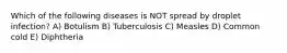 Which of the following diseases is NOT spread by droplet infection? A) Botulism B) Tuberculosis C) Measles D) Common cold E) Diphtheria