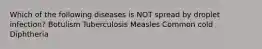 Which of the following diseases is NOT spread by droplet infection? Botulism Tuberculosis Measles Common cold Diphtheria