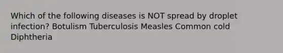 Which of the following diseases is NOT spread by droplet infection? Botulism Tuberculosis Measles Common cold Diphtheria