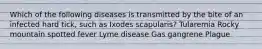 Which of the following diseases is transmitted by the bite of an infected hard tick, such as Ixodes scapularis? Tularemia Rocky mountain spotted fever Lyme disease Gas gangrene Plague