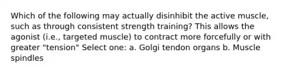 Which of the following may actually disinhibit the active muscle, such as through consistent strength training? This allows the agonist (i.e., targeted muscle) to contract more forcefully or with greater "tension" Select one: a. Golgi tendon organs b. Muscle spindles