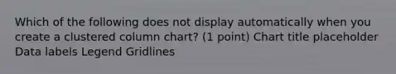 Which of the following does not display automatically when you create a clustered column chart? (1 point) Chart title placeholder Data labels Legend Gridlines