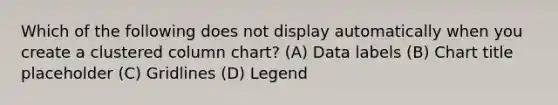 Which of the following does not display automatically when you create a clustered column chart? (A) Data labels (B) Chart title placeholder (C) Gridlines (D) Legend