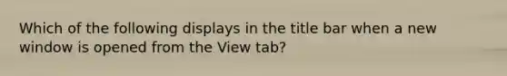Which of the following displays in the title bar when a new window is opened from the View tab?