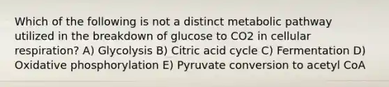 Which of the following is not a distinct metabolic pathway utilized in the breakdown of glucose to CO2 in <a href='https://www.questionai.com/knowledge/k1IqNYBAJw-cellular-respiration' class='anchor-knowledge'>cellular respiration</a>? A) Glycolysis B) Citric acid cycle C) Fermentation D) <a href='https://www.questionai.com/knowledge/kFazUb9IwO-oxidative-phosphorylation' class='anchor-knowledge'>oxidative phosphorylation</a> E) Pyruvate conversion to acetyl CoA