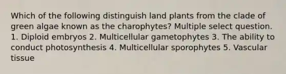 Which of the following distinguish land plants from the clade of green algae known as the charophytes? Multiple select question. 1. Diploid embryos 2. Multicellular gametophytes 3. The ability to conduct photosynthesis 4. Multicellular sporophytes 5. Vascular tissue