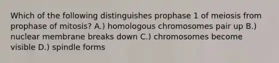 Which of the following distinguishes prophase 1 of meiosis from prophase of mitosis? A.) homologous chromosomes pair up B.) nuclear membrane breaks down C.) chromosomes become visible D.) spindle forms