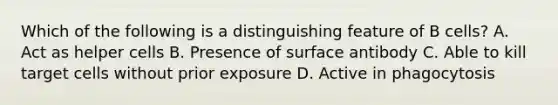 Which of the following is a distinguishing feature of B cells? A. Act as helper cells B. Presence of surface antibody C. Able to kill target cells without prior exposure D. Active in phagocytosis